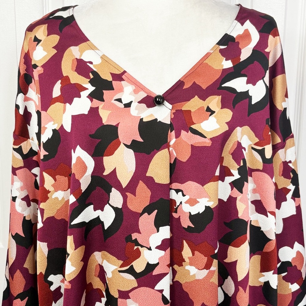 NWT Bar III Burgundy Red Abstract Floral Long Sleeve Blouse 2X - Picture 2 of 16